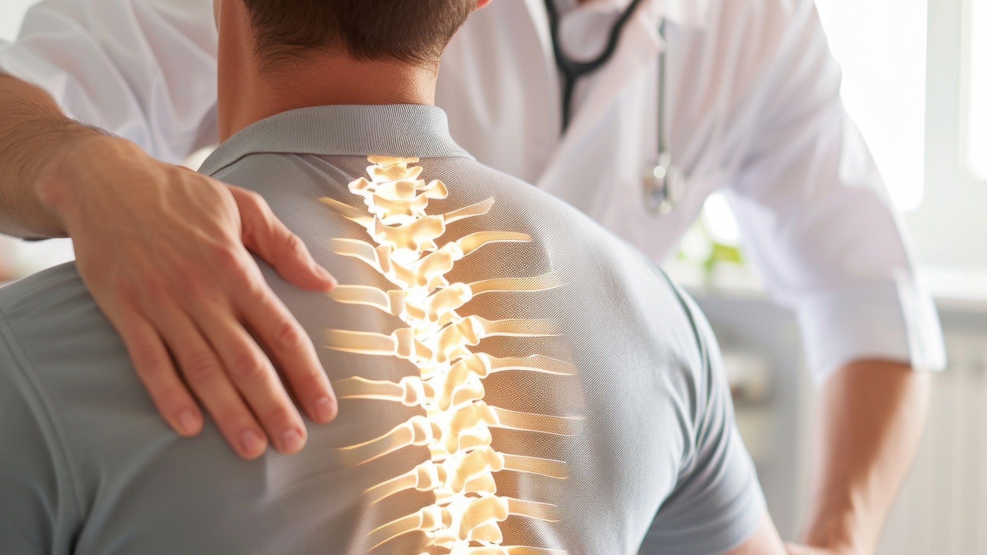 Chiropraktiker bei der Wirbelsäuleneinstellung eines Patienten in einer hellen Klinikumgebung